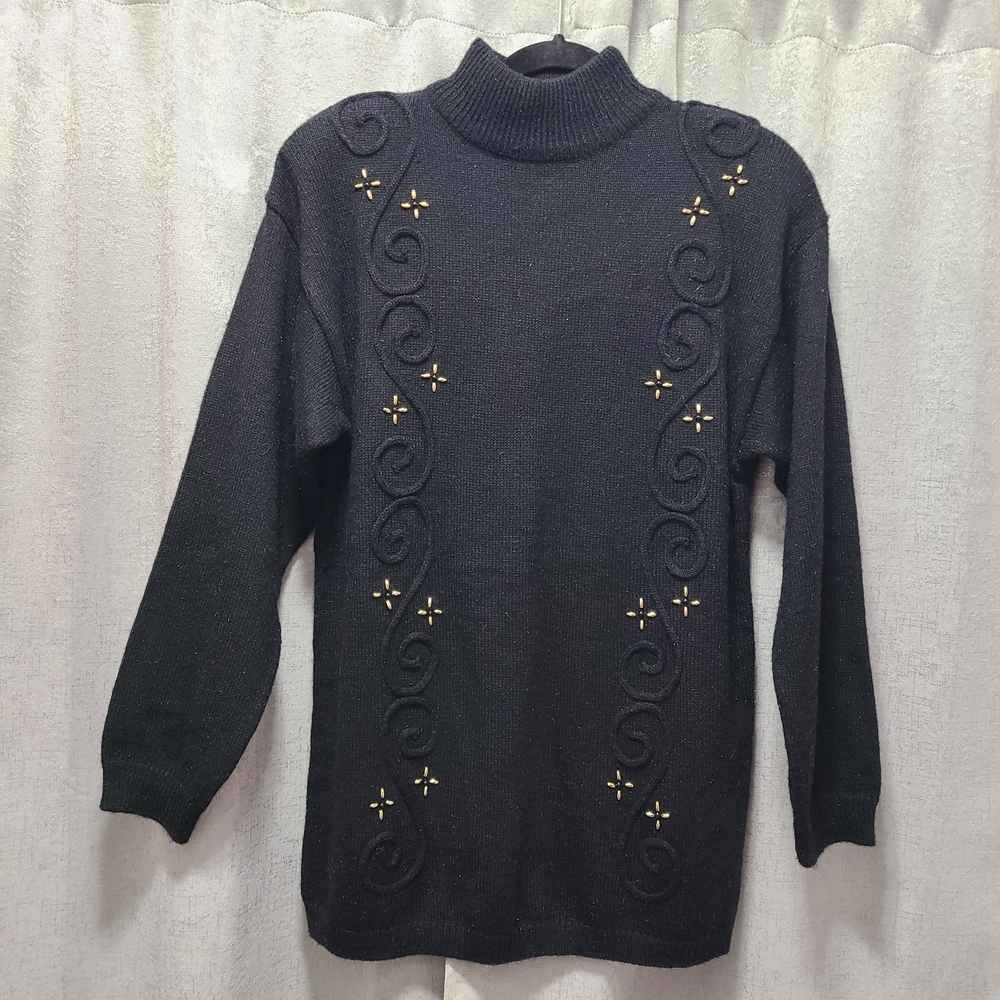 vintage Leslie Fay black sweater gold beaded flowers black trapunto Hong Kong 80